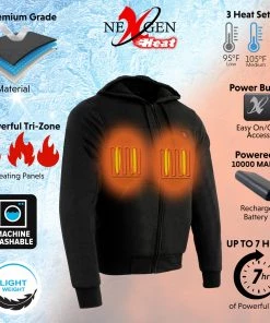 NexGen Heat MPM1713SET Men's Black 'Heated' Zipper Front Hoodie (Rechargeable Battery Pack Included) Motorcycle Jackets