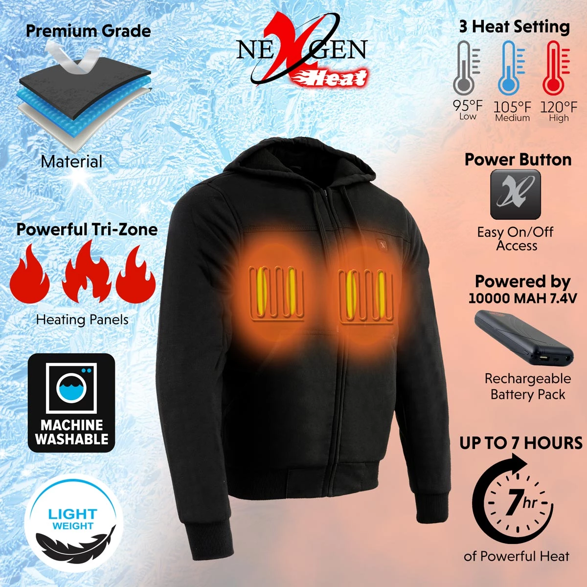 Nexgen Heat MPM1713 Men's Black 'Heated' Hoodie With Front And Back Heated Elements