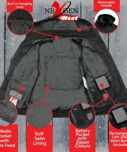 Nexgen Heat MPM1761SET Men's Black'Heated' Soft Shell Racing Style Jacket With Hoodie (Battery Pack Included) Motorcycle Jackets