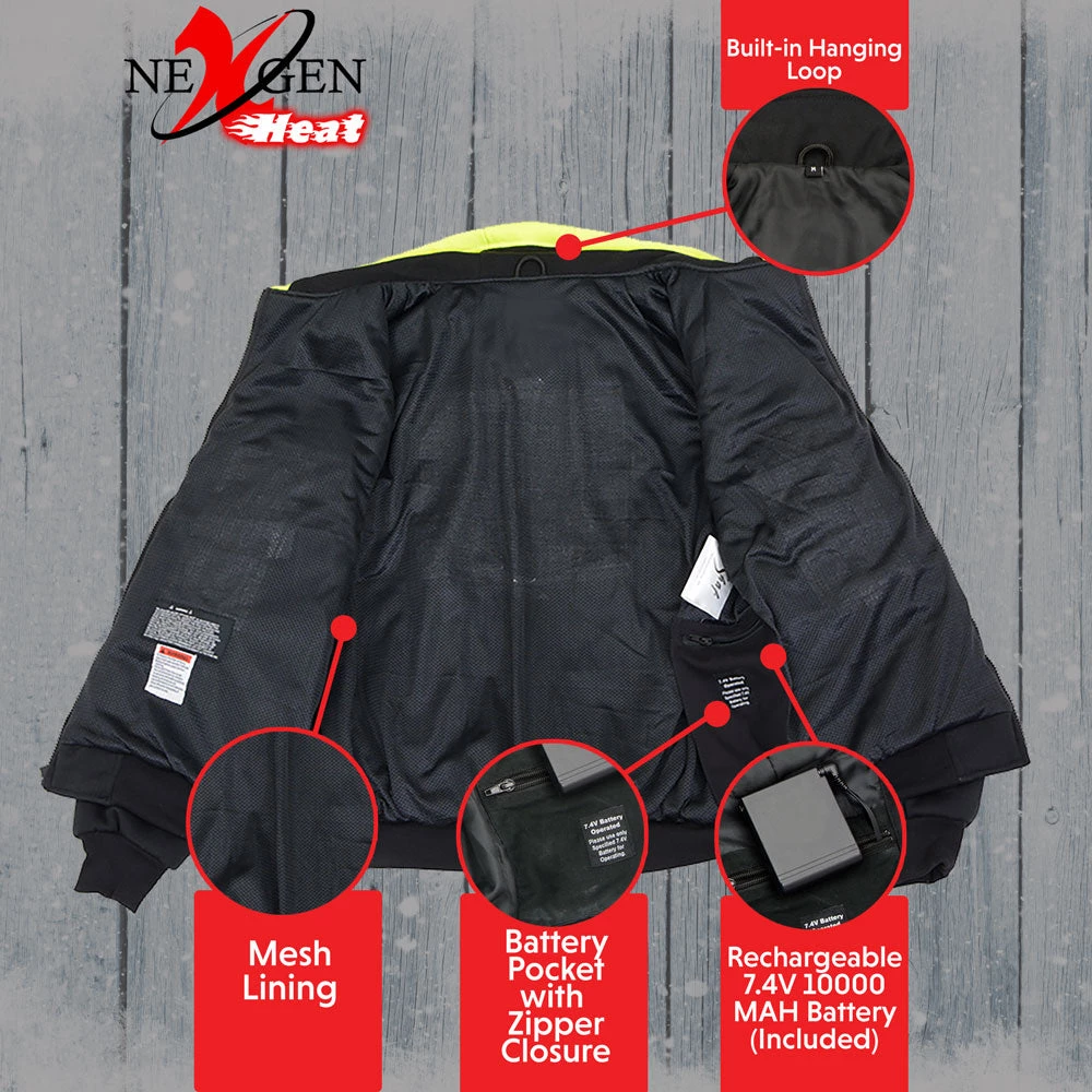 Motorcycle Jackets Nexgen Heat MPM1773SET Men's High Viz Neon Green Textile Jacket With Heating Elements (Included Battery Pack)