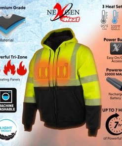 Motorcycle Jackets Nexgen Heat MPM1773SET Men's High Viz Neon Green Textile Jacket With Heating Elements (Included Battery Pack)