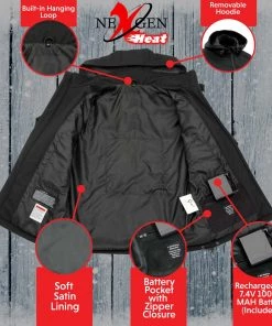 Nexgen Heat Women's Nxl2767set-'Ruffled' Black Heated Soft Shell Hooded Jacket (Rechargeable Battery Pack Included) Motorcycle Jackets