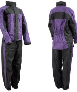 Xelement RN4764 Ladies Black And Purple 2-Piece Motorcycle Rain Suit With Boot Strap Rain Gear