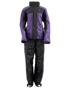 Xelement RN4764 Ladies Black And Purple 2-Piece Motorcycle Rain Suit With Boot Strap Rain Gear