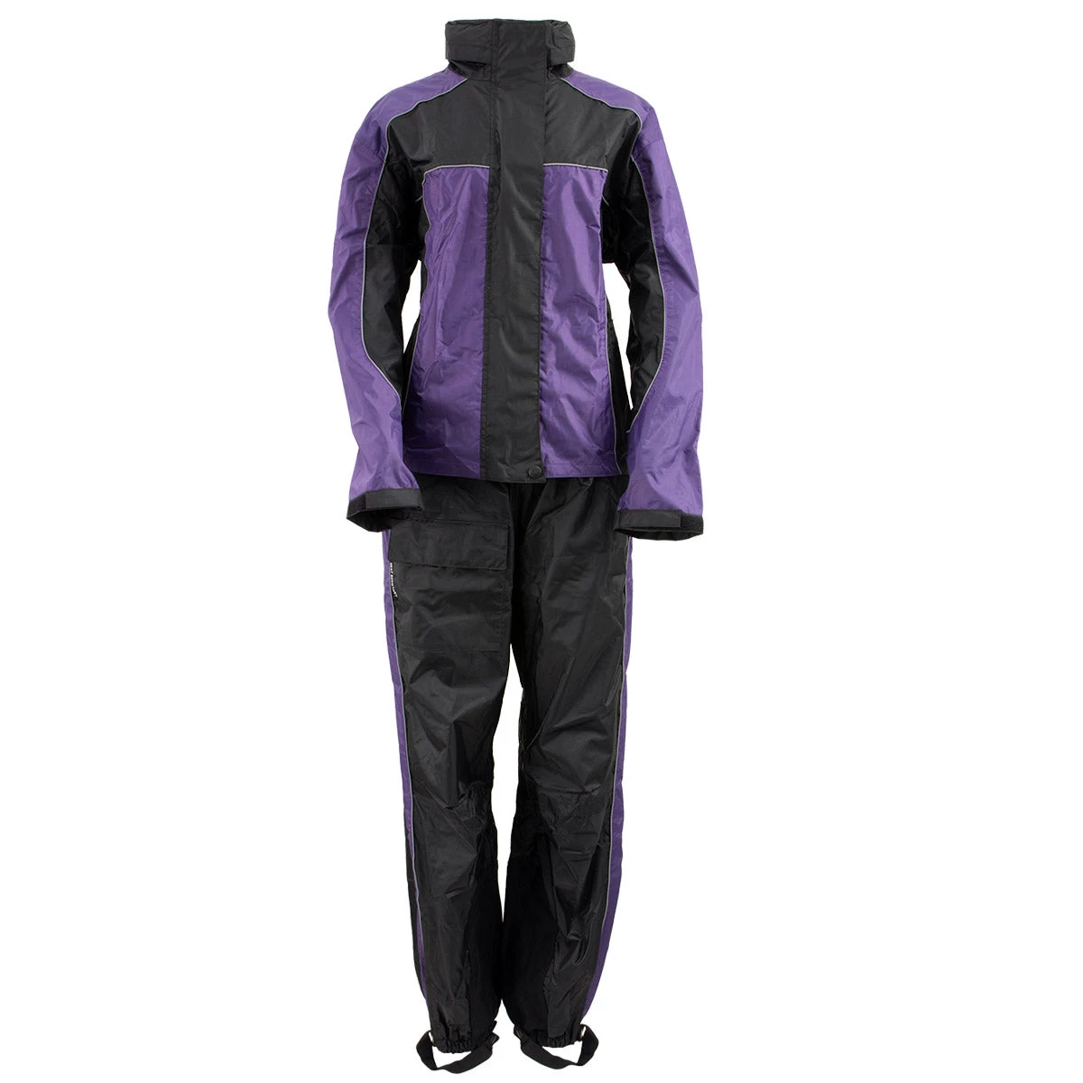 Xelement RN4764 Ladies Black And Purple 2-Piece Motorcycle Rain Suit With Boot Strap Rain Gear