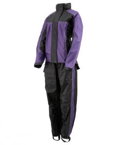 Xelement RN4764 Ladies Black And Purple 2-Piece Motorcycle Rain Suit With Boot Strap Rain Gear