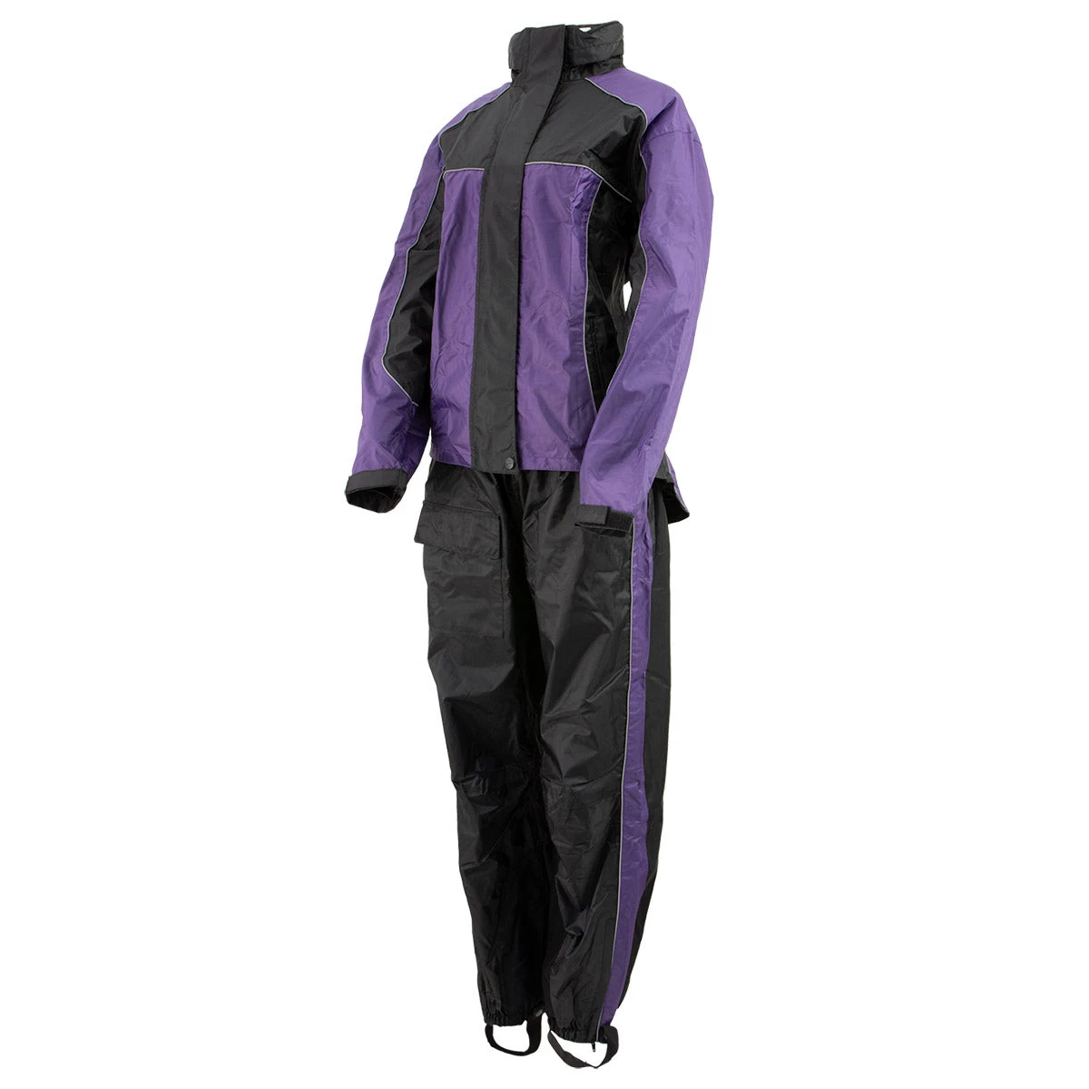 Xelement RN4764 Ladies Black And Purple 2-Piece Motorcycle Rain Suit With Boot Strap Rain Gear