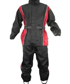 Riding Gear Xelement RN4766 Men's Black And Red 2-Piece Motorcycle Rain Suit With Boot Strap