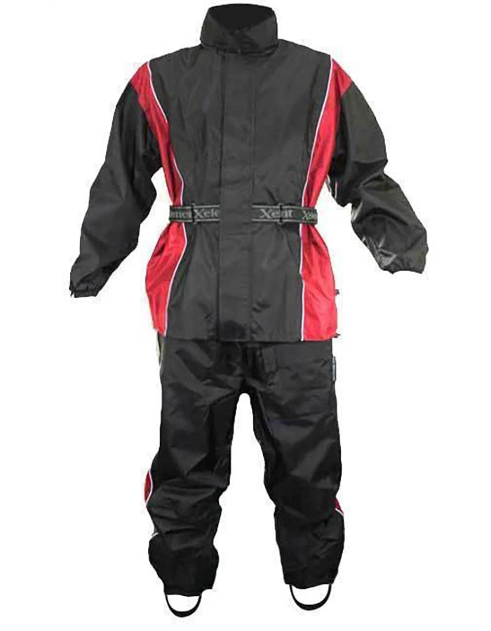Riding Gear Xelement RN4766 Men's Black And Red 2-Piece Motorcycle Rain Suit With Boot Strap