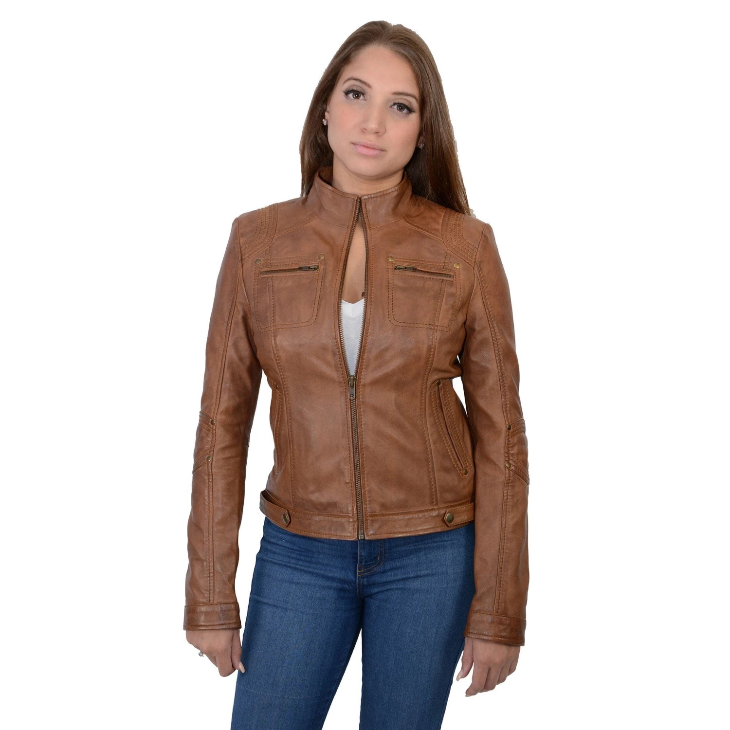Milwaukee Leather SFL2800 Ladies 'Racer' Whiskey Stand Up Collar Leather Jacket