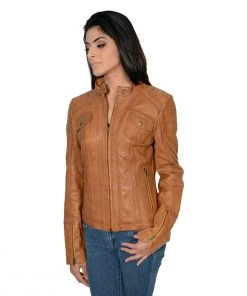 Milwaukee Leather SFL2805 Women's Cognac 'Quilted' Mandarin Collar Leather Jacket Leather Motorcycle Jackets