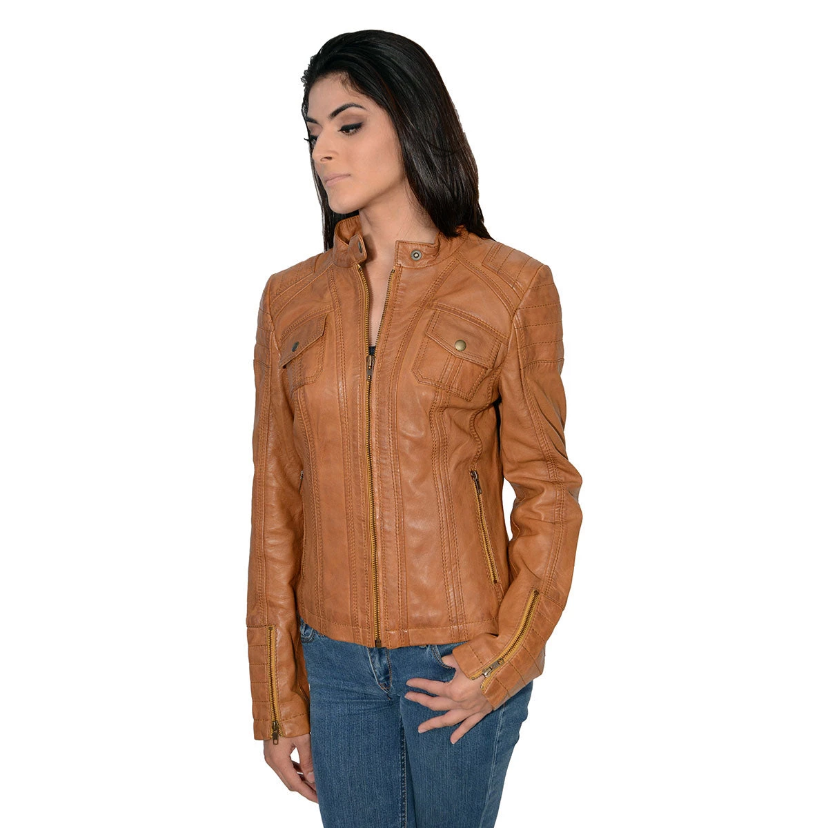 Milwaukee Leather SFL2805 Women's Cognac 'Quilted' Mandarin Collar Leather Jacket Leather Motorcycle Jackets