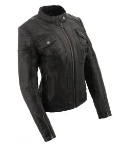 Milwaukee Leather SFL2806 Women's 'Quilted' Black Mandarin Scuba Collar Leather Jacket