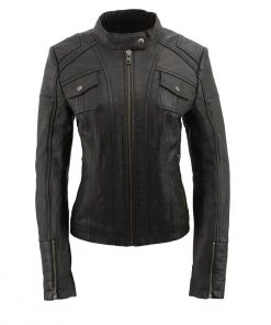 Milwaukee Leather SFL2806 Women's'Quilted' Black Mandarin Scuba Collar Leather Jacket