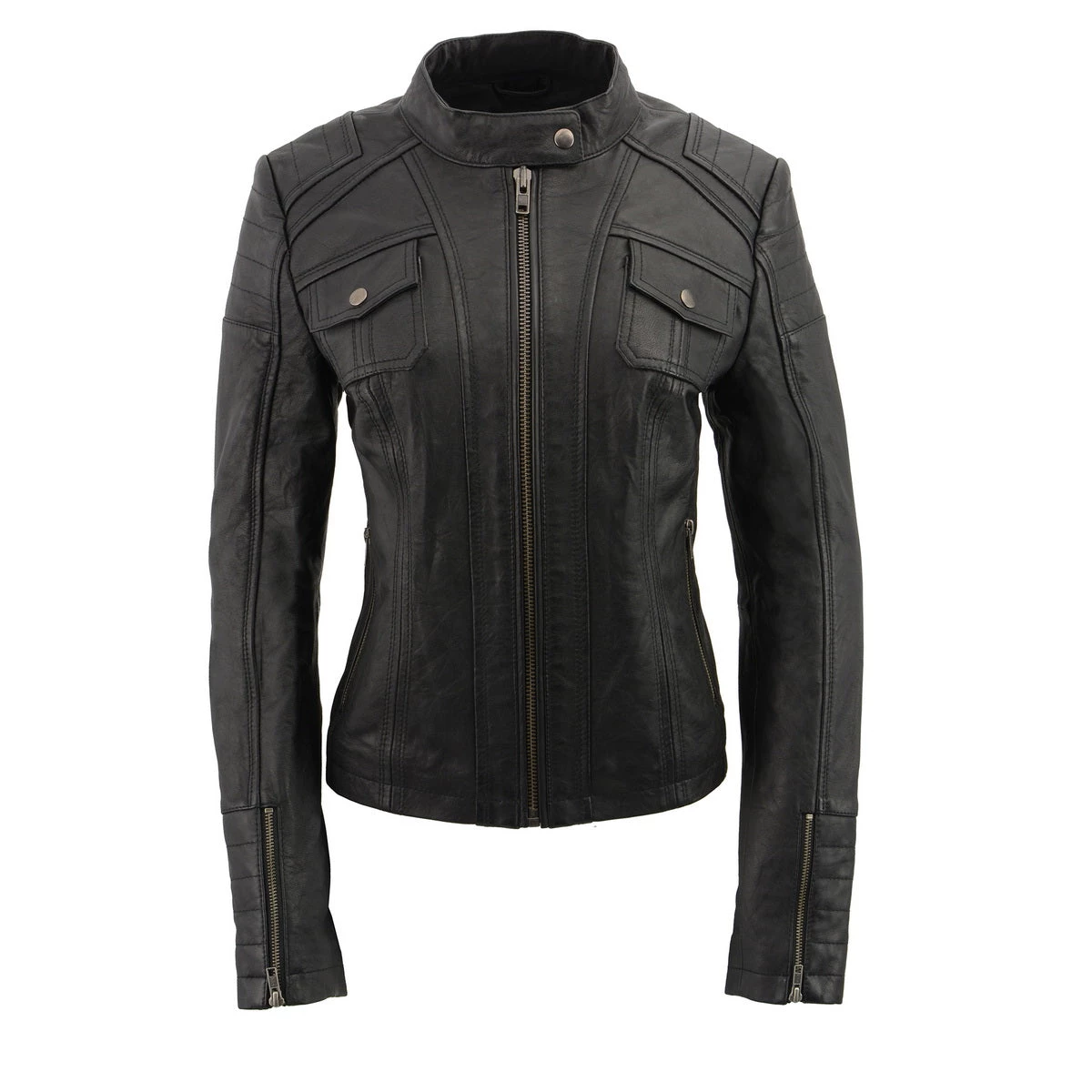 Milwaukee Leather SFL2806 Women's 'Quilted' Black Mandarin Scuba Collar Leather Jacket