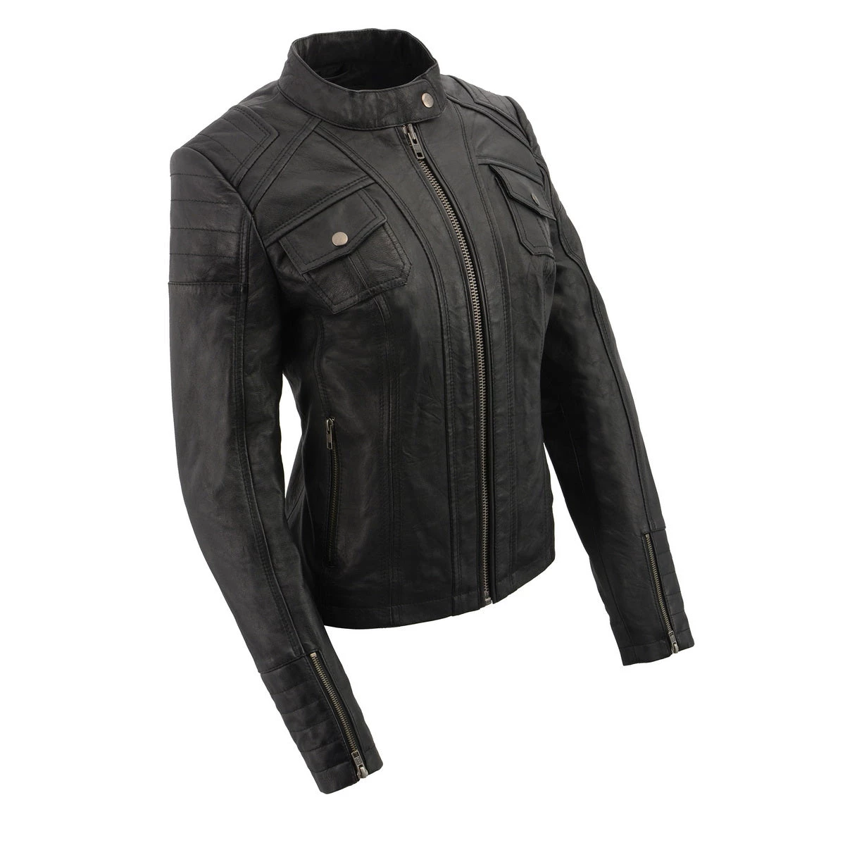 Milwaukee Leather SFL2806 Women's 'Quilted' Black Mandarin Scuba Collar Leather Jacket