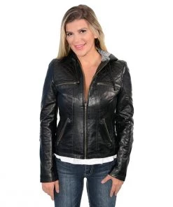 Milwaukee Leather SFL2810 Women's Black Hooded Scuba Leather Jacket With Drawstring Leather Motorcycle Jackets