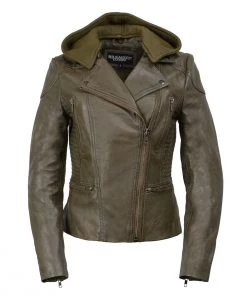 Milwaukee Leather SFL2815 Women’s'Hooded' Olive Leather Jacket With Asymmetrical Zipper Leather Motorcycle Jackets
