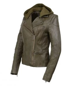 Milwaukee Leather SFL2815 Women’s'Hooded' Olive Leather Jacket With Asymmetrical Zipper Leather Motorcycle Jackets