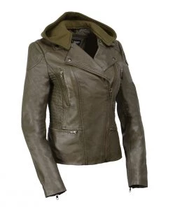 Milwaukee Leather SFL2815 Women’s 'Hooded' Olive Leather Jacket With Asymmetrical Zipper Leather Motorcycle Jackets