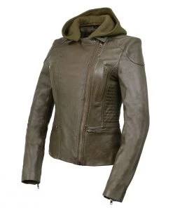 Milwaukee Leather SFL2815 Women’s'Hooded' Olive Leather Jacket With Asymmetrical Zipper Leather Motorcycle Jackets