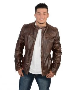 Milwaukee Leather SFM1805 Men's Brown Side Stitch Cafe Racer Lambskin Leather Jacket Leather Motorcycle Jackets