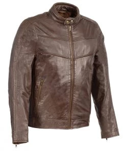 Milwaukee Leather SFM1835 Men's ‘Café Racer’ Brown Leather Jacket With Snap Button Collar Leather Motorcycle Jackets