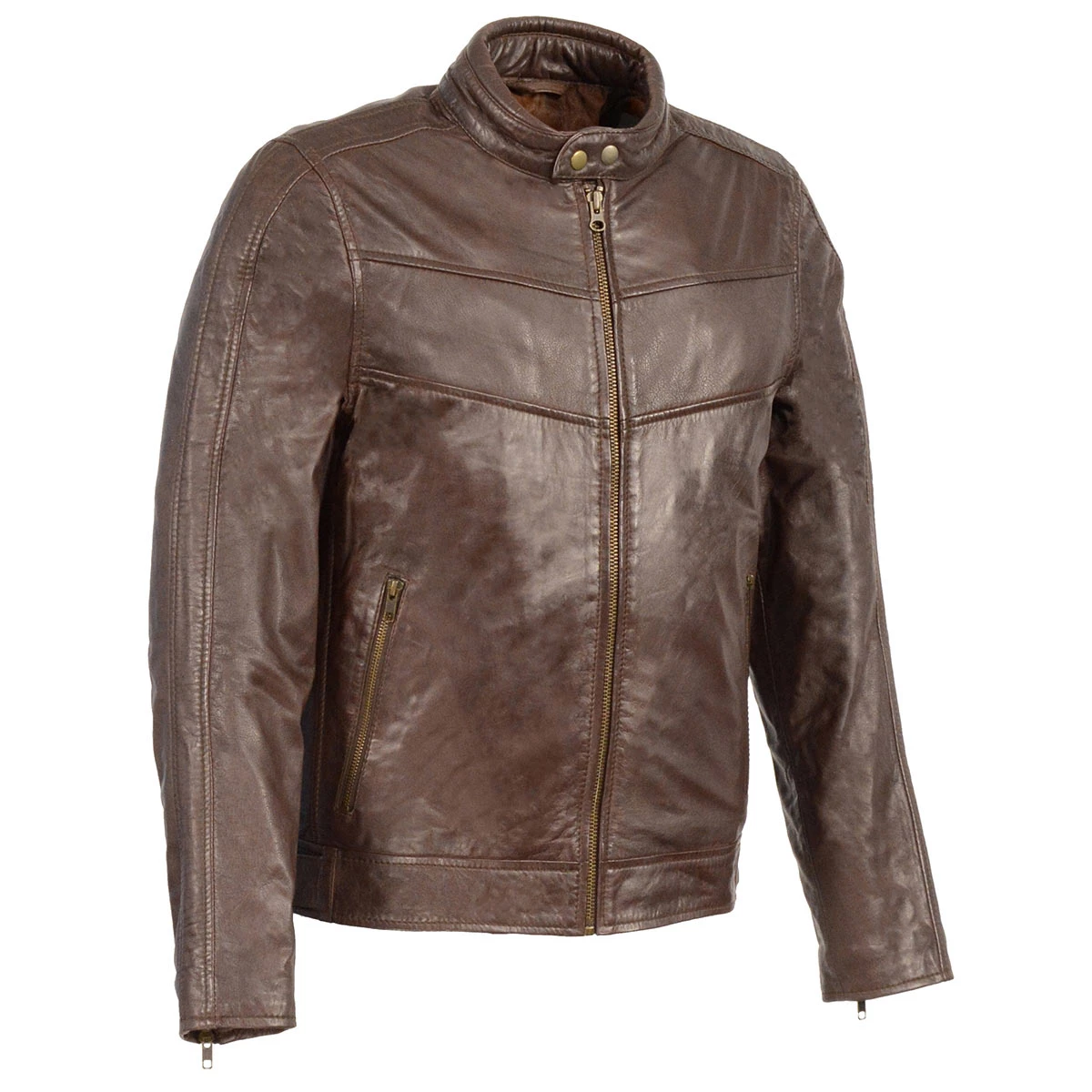 Milwaukee Leather SFM1835 Men's ‘Café Racer’ Brown Leather Jacket With Snap Button Collar Leather Motorcycle Jackets
