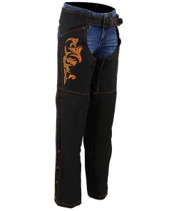 Milwaukee Leather SH1182 Women's Black And Orange Textile Chaps With Tribal Embroidery Motorycle Pants & Chaps