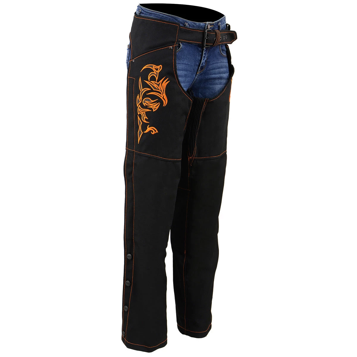 Milwaukee Leather SH1182 Women's Black And Orange Textile Chaps With Tribal Embroidery Motorycle Pants & Chaps