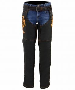 Milwaukee Leather SH1182 Women's Black And Orange Textile Chaps With Tribal Embroidery Motorycle Pants & Chaps