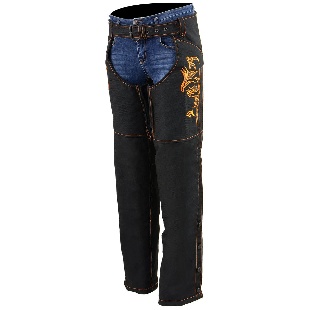 Milwaukee Leather SH1182 Women's Black And Orange Textile Chaps With Tribal Embroidery Motorycle Pants & Chaps