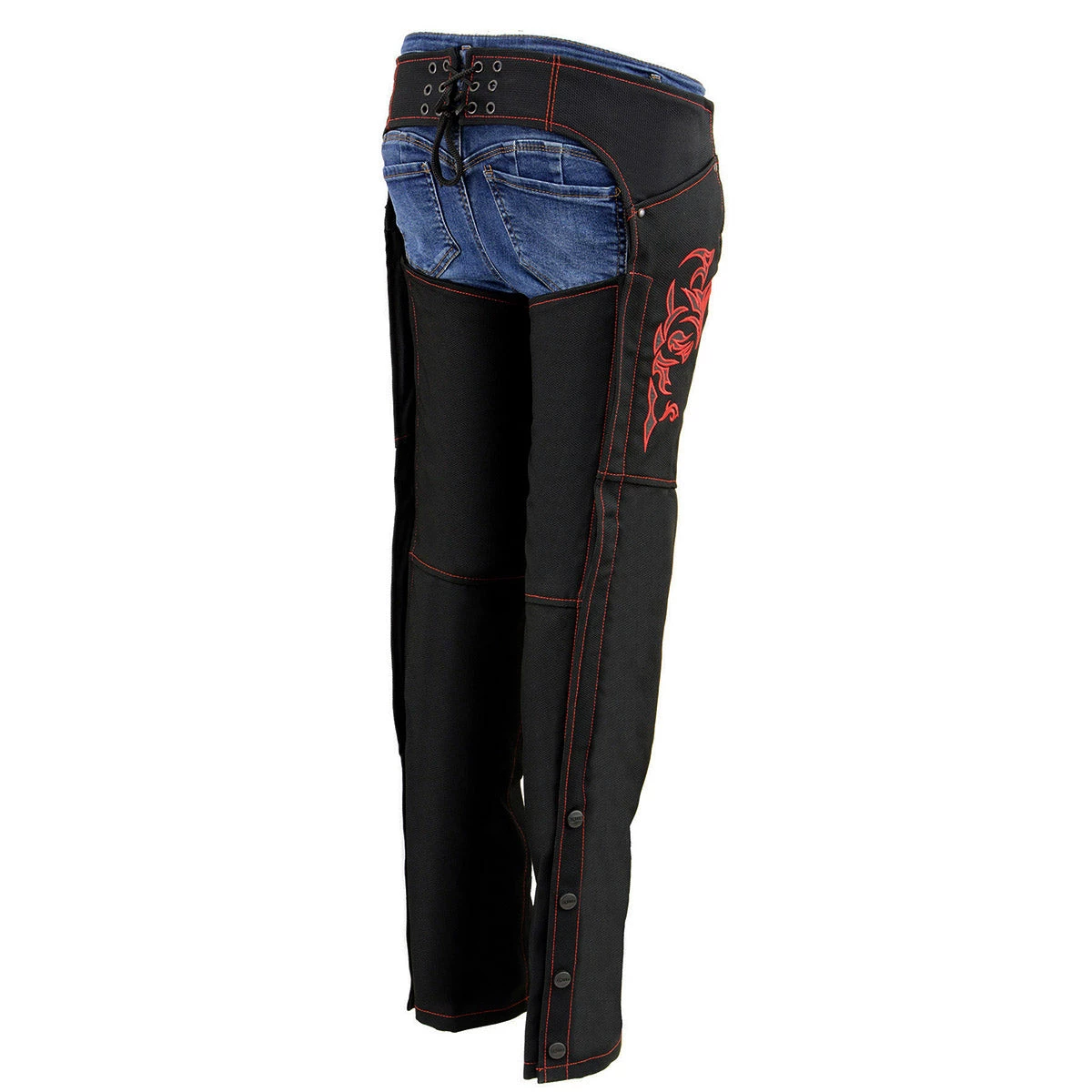 Milwaukee Leather SH1182 Women's Black And Red Textile Chaps With Tribal Embroidery Motorycle Pants & Chaps