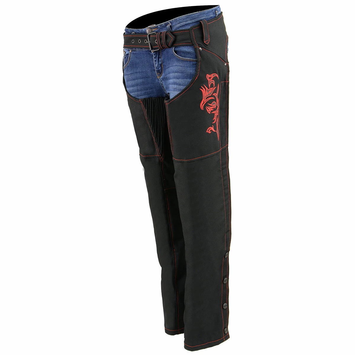 Milwaukee Leather SH1182 Women's Black And Red Textile Chaps With Tribal Embroidery Motorycle Pants & Chaps