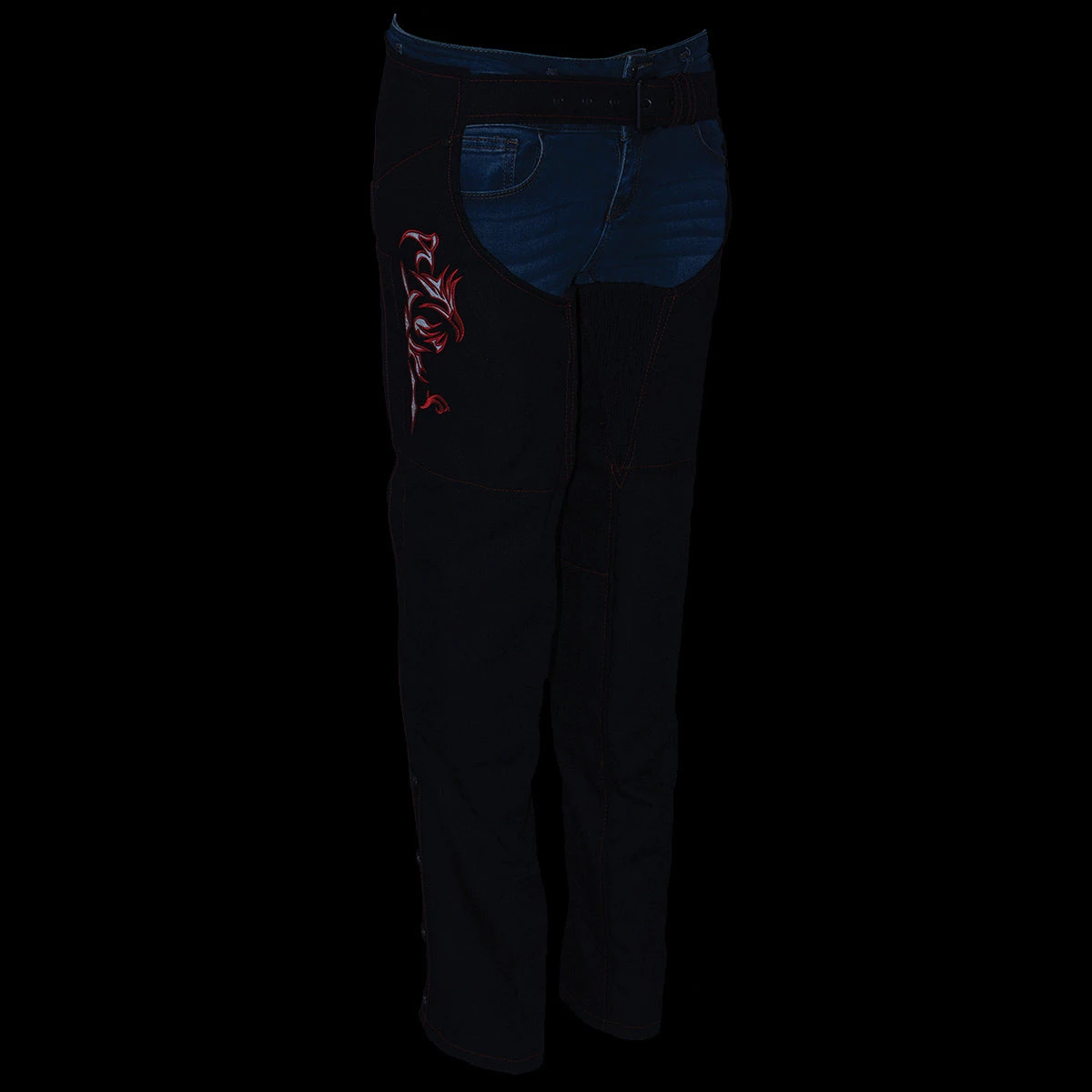 Milwaukee Leather SH1182 Women's Black And Red Textile Chaps With Tribal Embroidery Motorycle Pants & Chaps