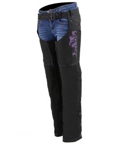 Motorycle Pants & Chaps Milwaukee Leather SH1182 Women's Black And Purple Textile Chaps With Tribal Embroidery