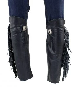Genuine Leather SH1199FR Women's Black ‘Fringed’ Leather Short Chaps With Conchos With Conchos