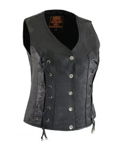 Milwaukee Leather SH1216 Ladies Black Leather Vest With Front Laces Motorcycle Vests