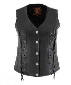 Milwaukee Leather SH1216 Ladies Black Leather Vest With Front Laces Motorcycle Vests