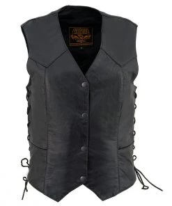 Milwaukee Leather SH1227L Ladies Black Classic Leather Vest With Side Laces Motorcycle Vests