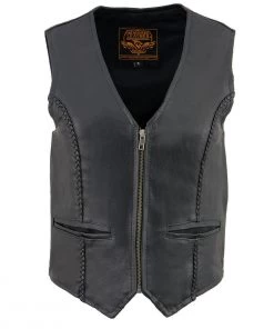 Milwaukee Leather SH1246Z Ladies'Braided' Black Leather Classic Zipper Front Vest