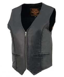 Milwaukee Leather SH1246Z Ladies'Braided' Black Leather Classic Zipper Front Vest