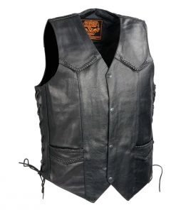 Motorcycle Vests Milwaukee Leather SH1314 Men's Classic Black Braided Leather Vest With Side Laces