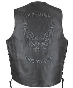 Genuine Leather SH1346 Men's 'Live To Ride, Ride To Live Eagle Emboss' Black Leather Vest Motorcycle Vests