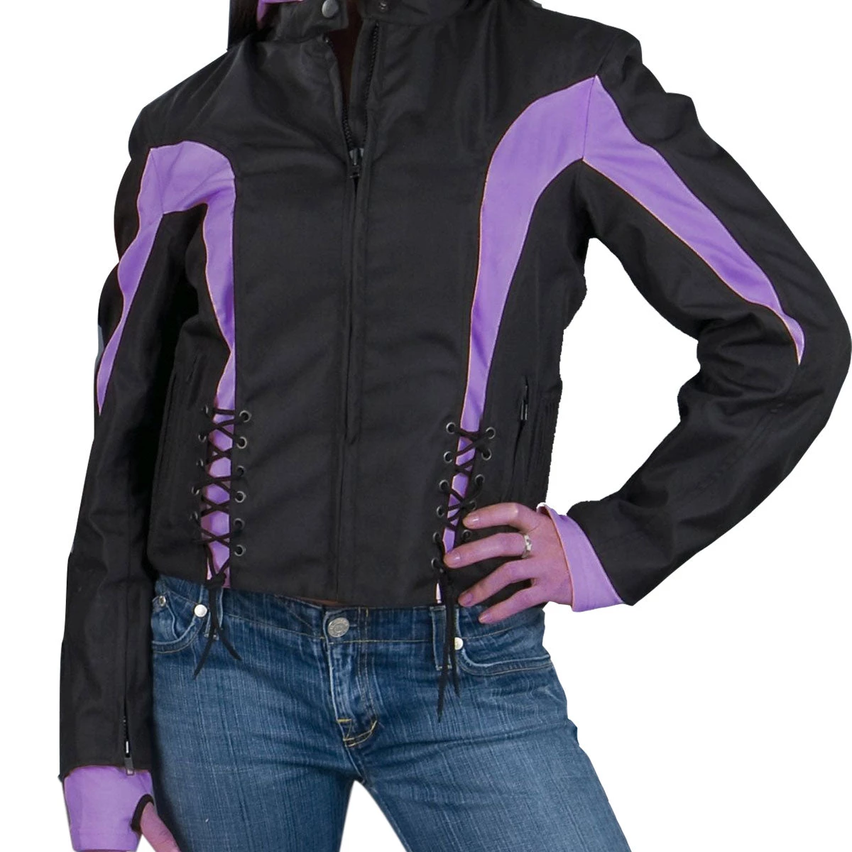 Motorcycle Jackets NexGen Ladies SH1906 Black And Purple Textile Racer Jacket With Hoodie