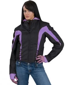 Motorcycle Jackets NexGen Ladies SH1906 Black And Purple Textile Racer Jacket With Hoodie