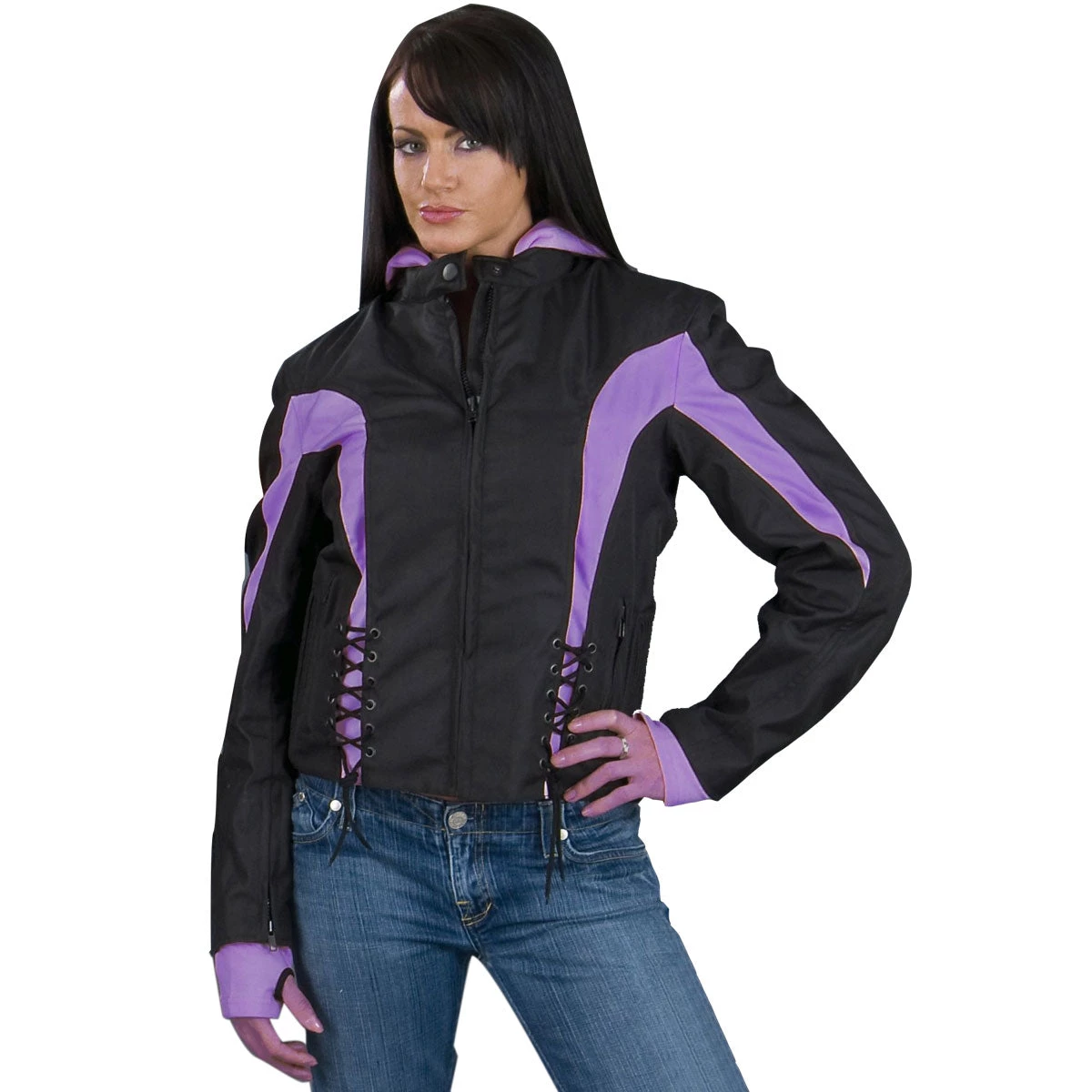 Motorcycle Jackets NexGen Ladies SH1906 Black And Purple Textile Racer Jacket With Hoodie