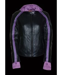 Leather Motorcycle Jackets Milwaukee Leather SH1951 Ladies Striped Black And Purple Leather Jacket With Zip-Out Hoodie