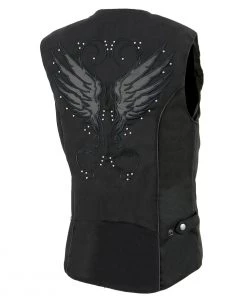 Vest With Patches Milwaukee Leather SH1955 Ladies Black Textile Vest With Wing Embroidery