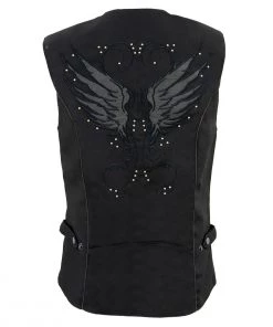 Vest With Patches Milwaukee Leather SH1955 Ladies Black Textile Vest With Wing Embroidery